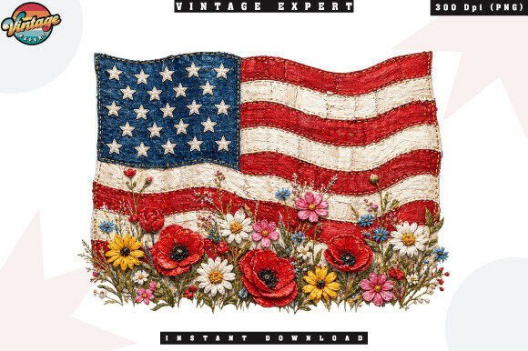 American USA Flag Floral Patchwork PNG