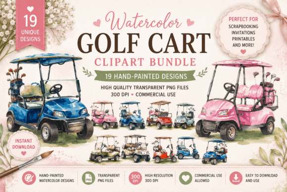 Watercolor Golf Cart Clipart Bundle: Elevating Digital Design with Artistic Flair