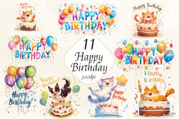 Watercolor Happy Birthday Clipart Bundle