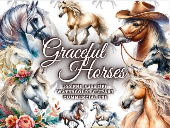 Watercolor Horses Clipart: Elegant Horse PNGs