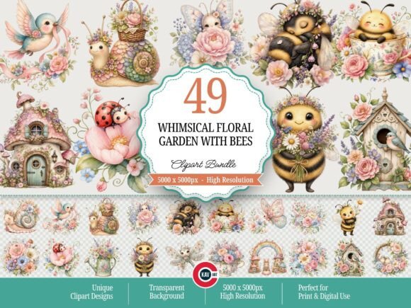 Whimsical Floral Garden with Bees: Elevating Your Creative Projects with Cottagecore Charm