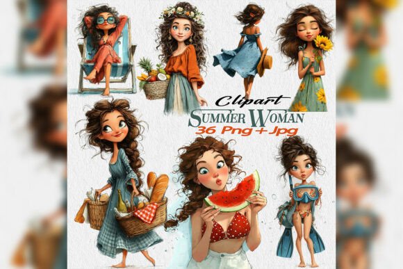 Whimsical Summer Woman Beach Clipart